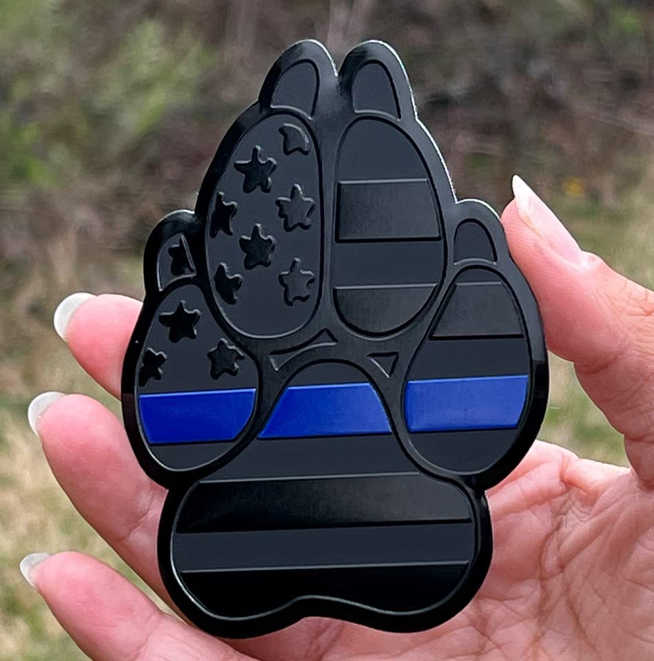 American Metal Flag Dog Paw K9 Unit Auto Fender Emblem for Cars Trucks (3"x4", Black with Blue Line)