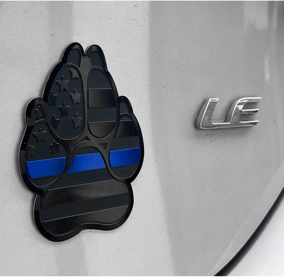 American Metal Flag Dog Paw K9 Unit Auto Fender Emblem for Cars Trucks (3"x4", Black with Blue Line)