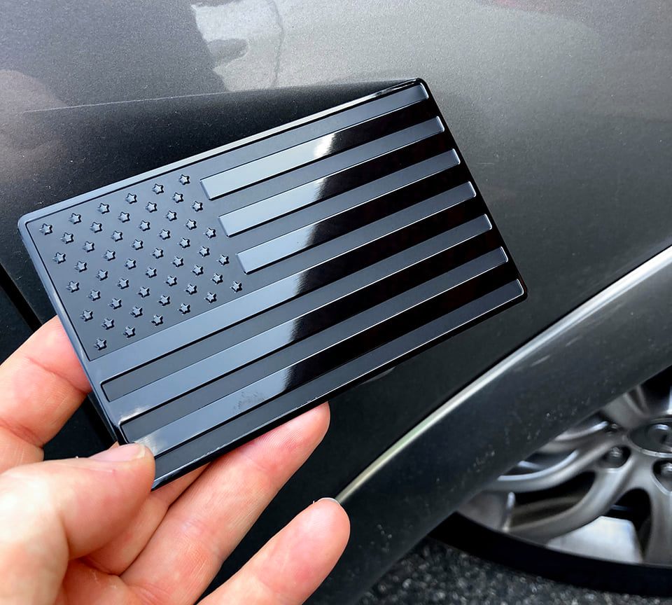 USA Black Metal Flag Emblem for Cars, Trucks 5"x 3" 2pcs Forward and Reverse Set