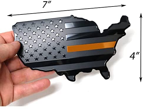 USA Black Metal Map Flag Emblem for Cars, Trucks (Black with Orange Line, 7"x4")