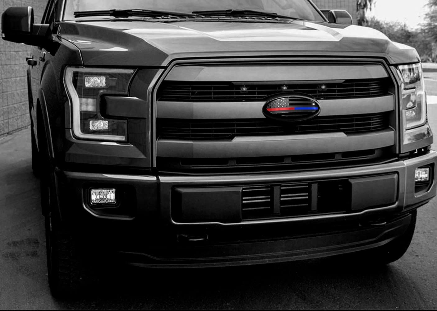 7" or 9'' American Black with Red/Blue Line Flag Emblem, Oval Decal for Ford F150 F250 F350