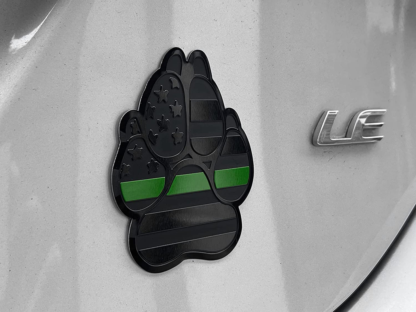 American Metal Flag Dog Paw K9 Unit Auto Fender Emblem for Cars Trucks (3"x4", Black with Green Line)