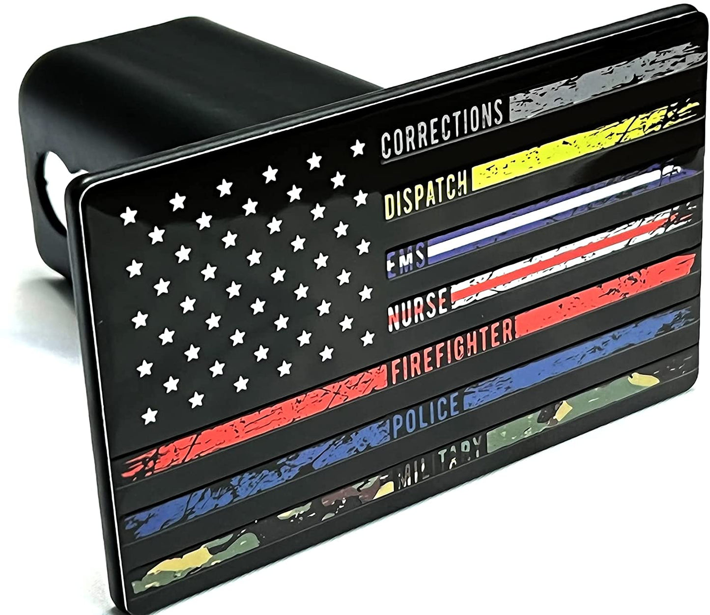 American Flag First Responders Metal Hitch Cover with Thin Lines (Fits 1.25", 2", and 2.5" and 3" Receivers)