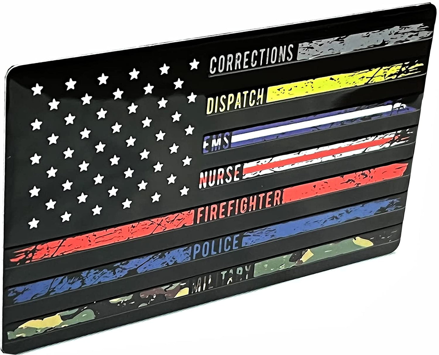 USA Black Flag Metal Car Emblem (5"x3", First Responders Multi Thin Line)