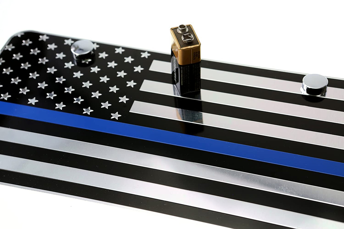 USA Flag Metal Embossed License Plate (12"x6", Black & Chrome with Blue line)