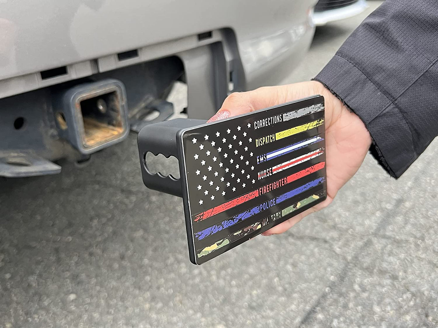American Flag First Responders Metal Hitch Cover with Thin Lines (Fits 1.25", 2", and 2.5" and 3" Receivers)