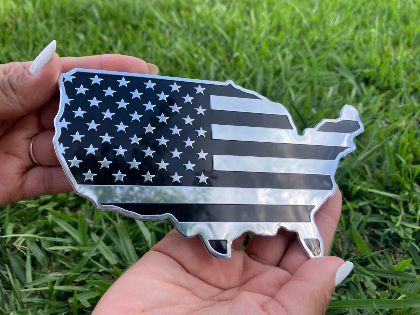 US Black Chrome Map Flag Emblem 7" x 4"