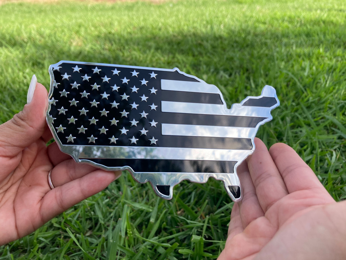 US Black Chrome Map Flag Emblem 7" x 4"