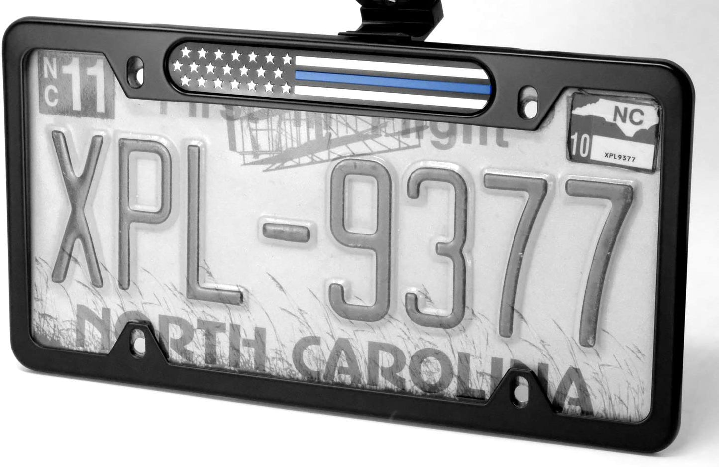 MULL Stainless Steel License Plate Black Frame American (Thin Blue Line Chrome Flag)