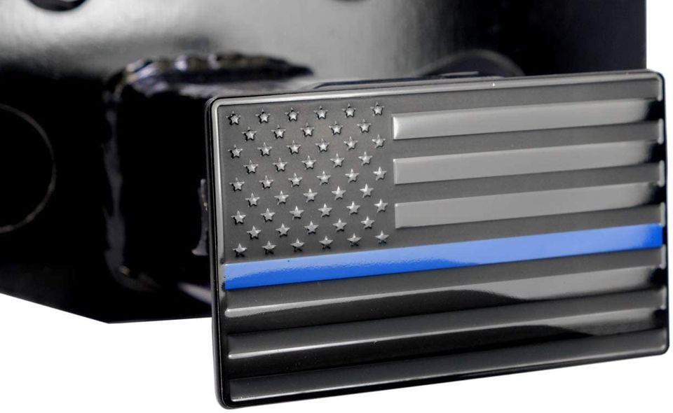 Black with Blue Line American Flag Metal Hitch Cover