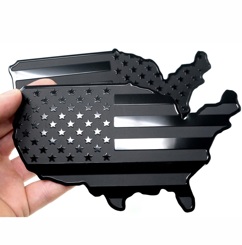 US Black Metal Map Flag Emblem for Cars, Trucks, Wall 7"x4" 2pcs Forward and Reverse