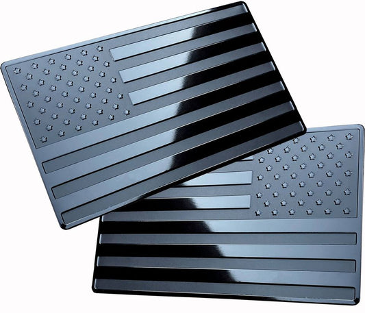 USA Black Metal Flag Emblem for Cars, Trucks 5"x 3" 2pcs Forward and Reverse Set