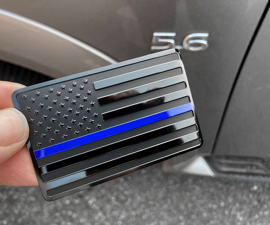 USA Black Metal Flag Emblem with Blue line for Cars, Trucks 2"x 3 1/4" 1pcs