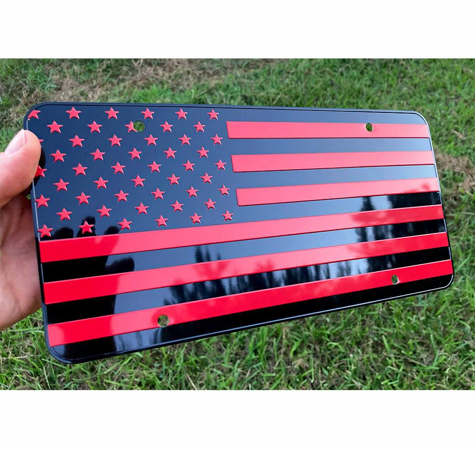 USA Black Red Flag Aluminum Embossed License Plate 12"x6"