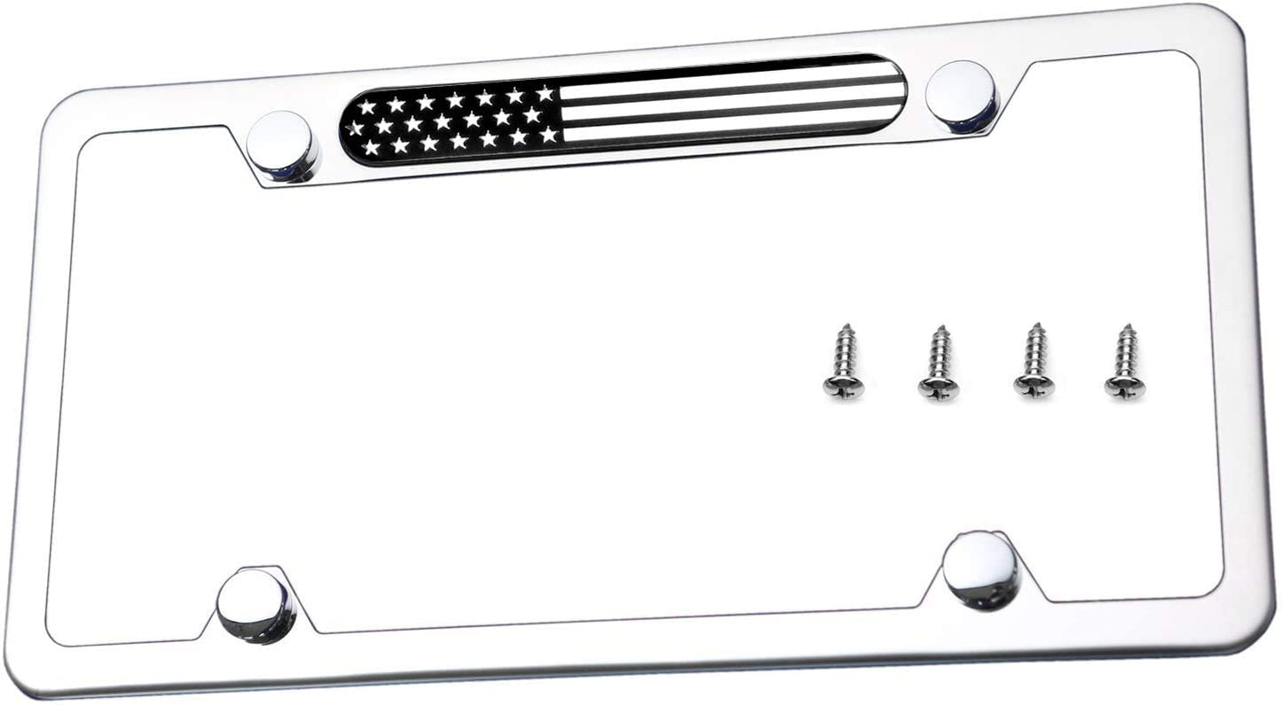 Stainless Steel Polished Mirror License Plate Frame American (Black Chrome Flag)