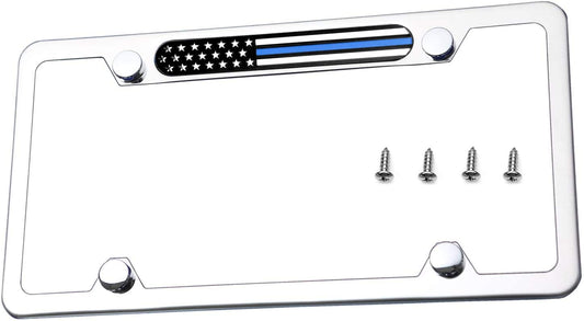 Stainless Steel Polished Mirror License Plate Frame American (Thin Blue Line Flag)