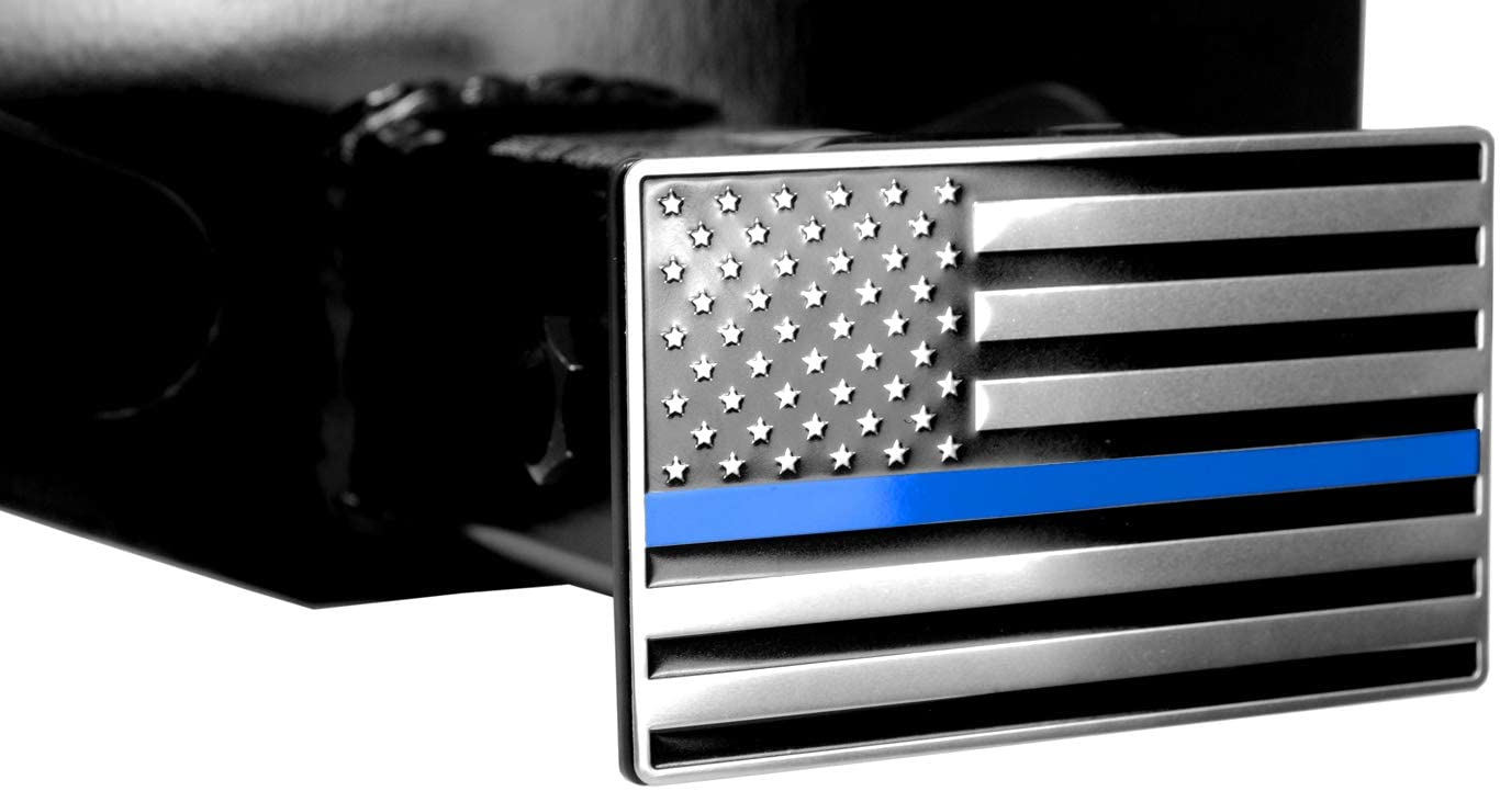 LFPartS Chrome, Blue Line American Flag Metal Trailer Hitch Cover