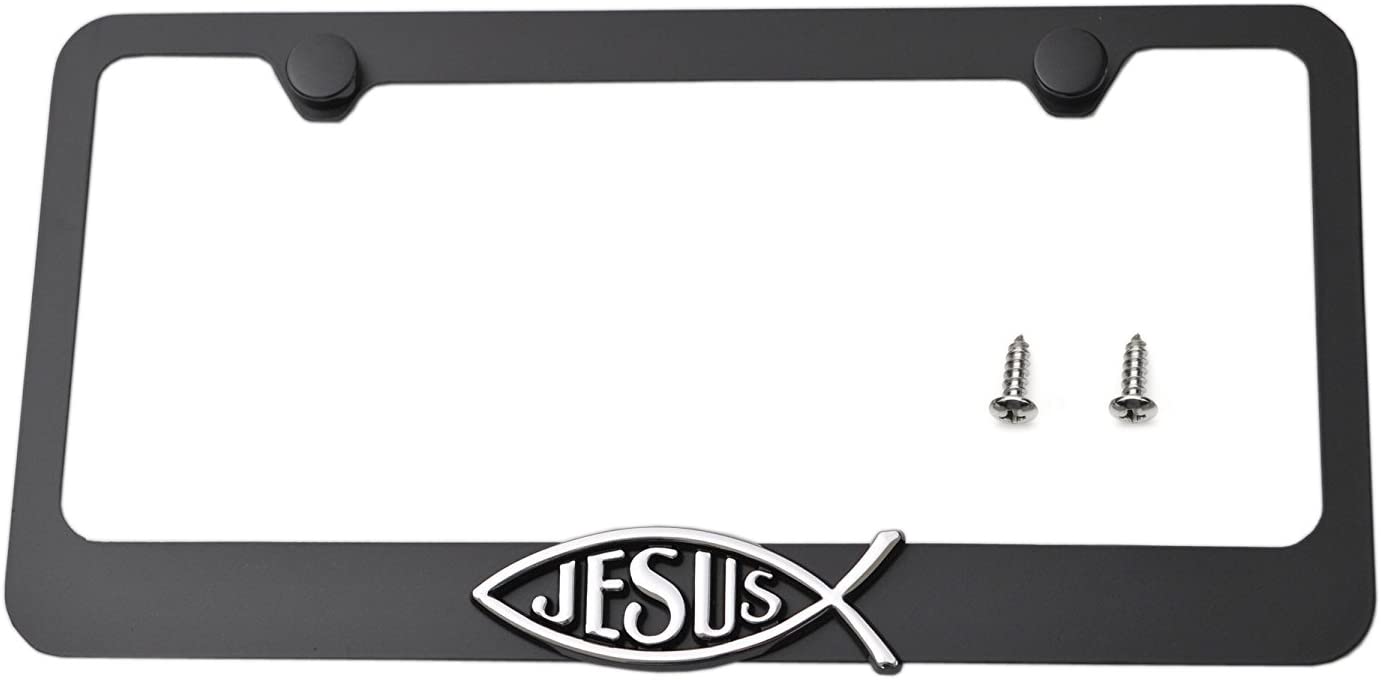 LFPartS Jesus 3D Chrome Fish Spiritual Love Metal License Plate Frame Black