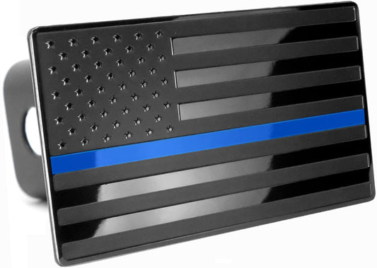 Black with Blue Line American Flag Metal Hitch Cover