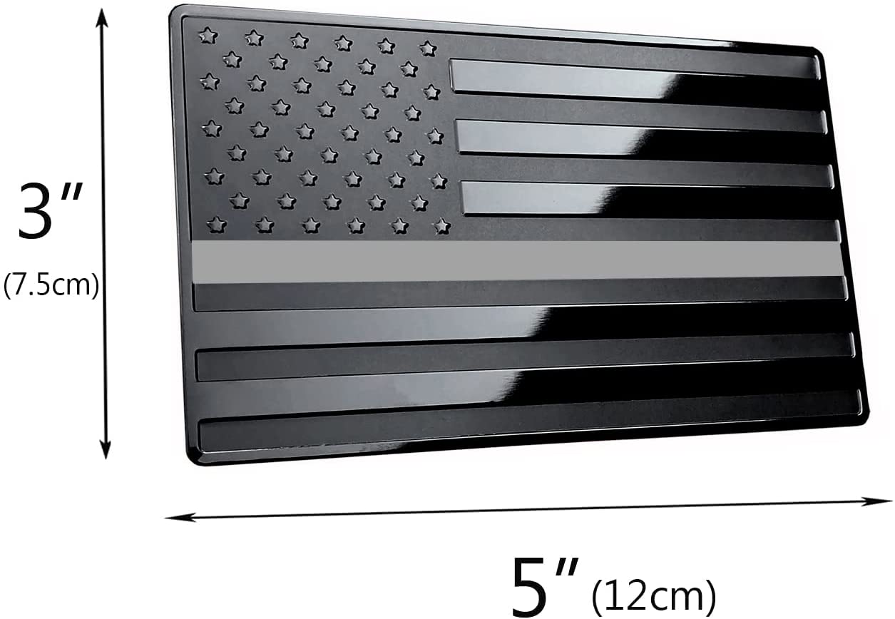USA American Black Flag Metal Auto Emblem for Cars Trucks 2pcs Forward and Reverse Set (5"x3", Grey Line)