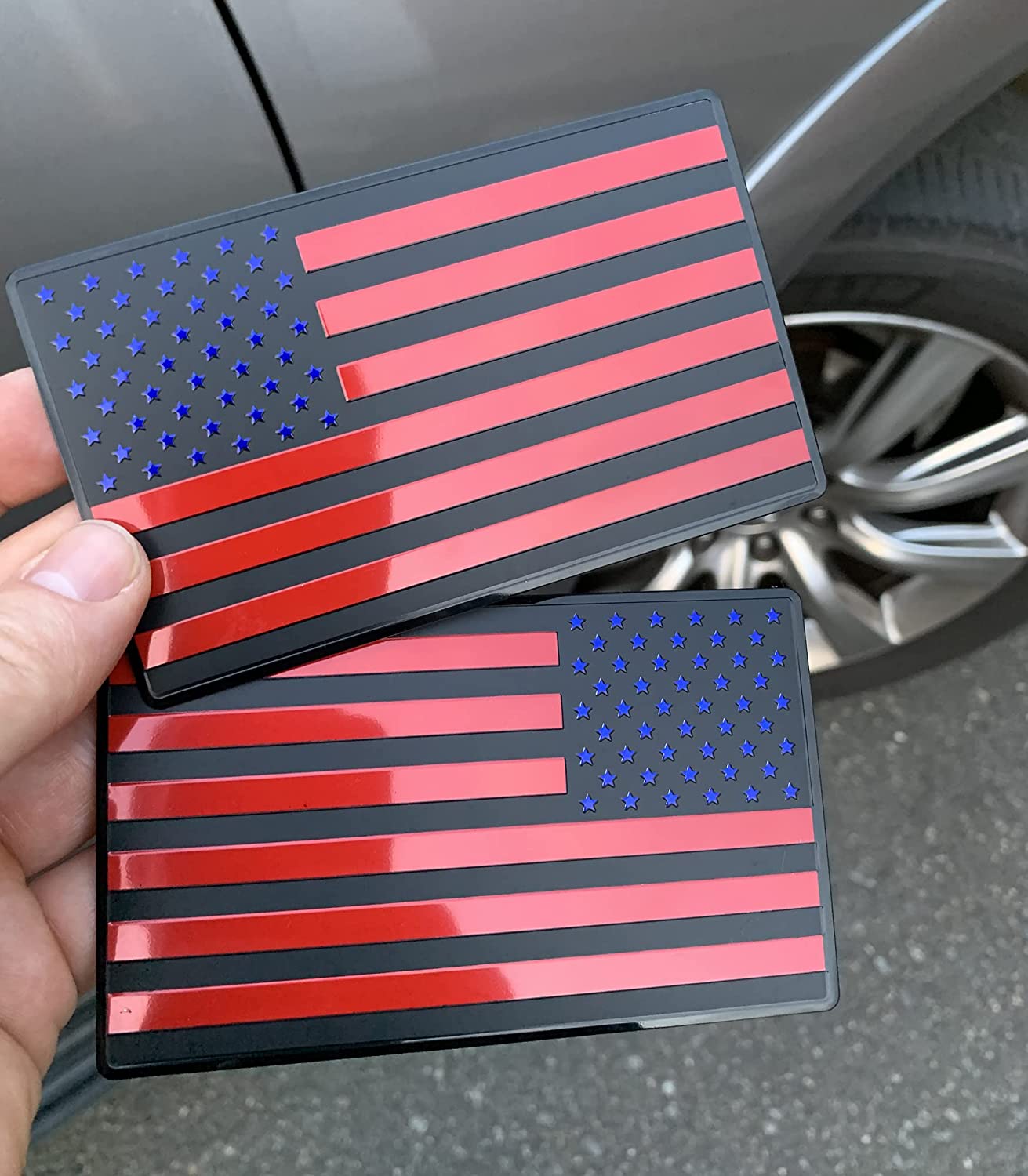 USA American 3D Metal Flag Auto Emblem for Cars Trucks 2pcs Forward and Reverse Set (5"x3", Black Red Blue)