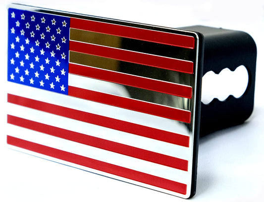 USA American Flag Metal Hitch Cover (Fits 1.25", 2", 2.5" 3" Receiver, Blue/Red/Chrome)