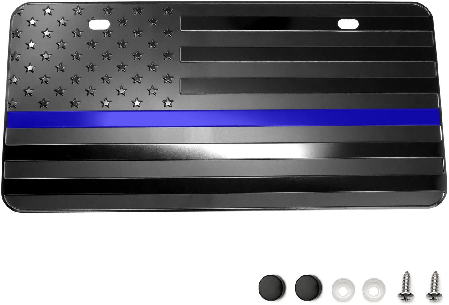 USA Flag Metal Embossed License Plate (12"x6", Black with Thin Blue line)