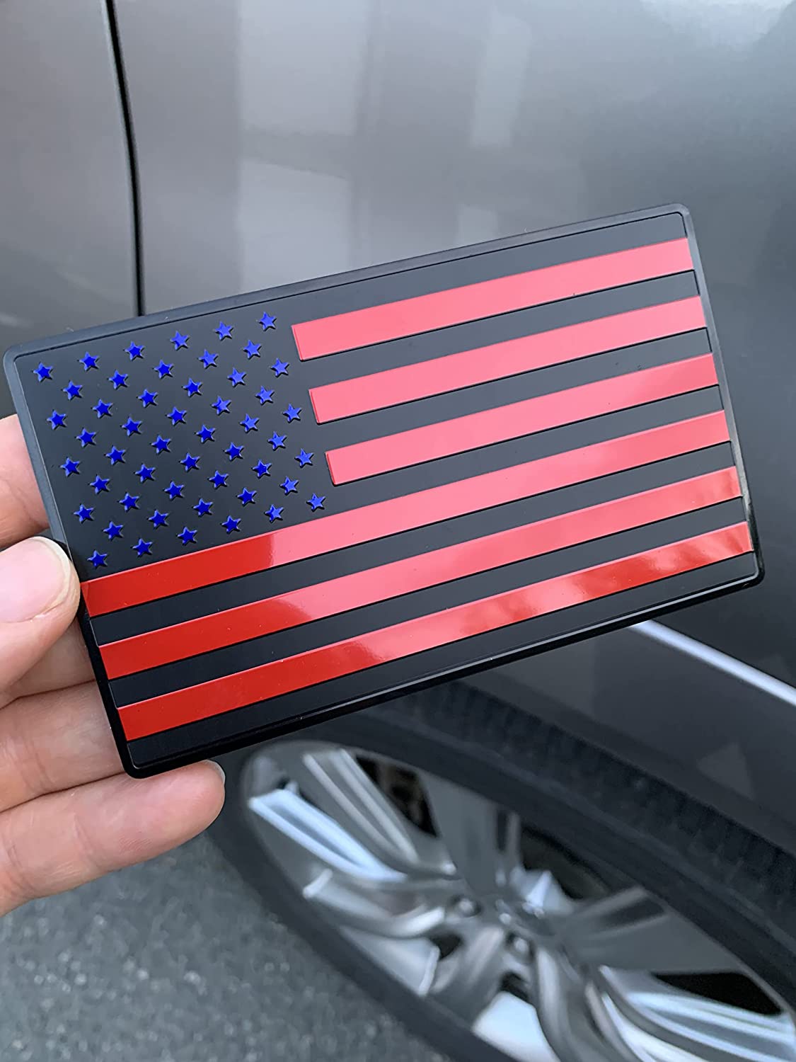 USA American 3D Metal Flag Auto Emblem for Cars Trucks 2pcs Forward and Reverse Set (5"x3", Black Red Blue)
