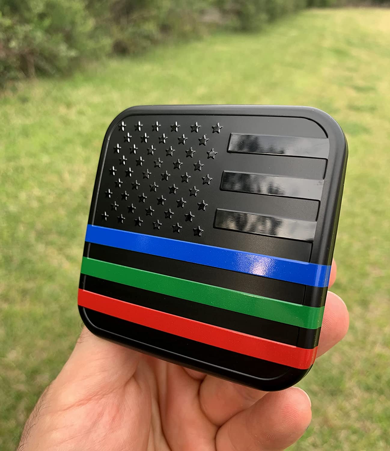 American Flag Hitch Cover Plug (Fits 2" Receiver, Black with Blue/Red/Green Line)