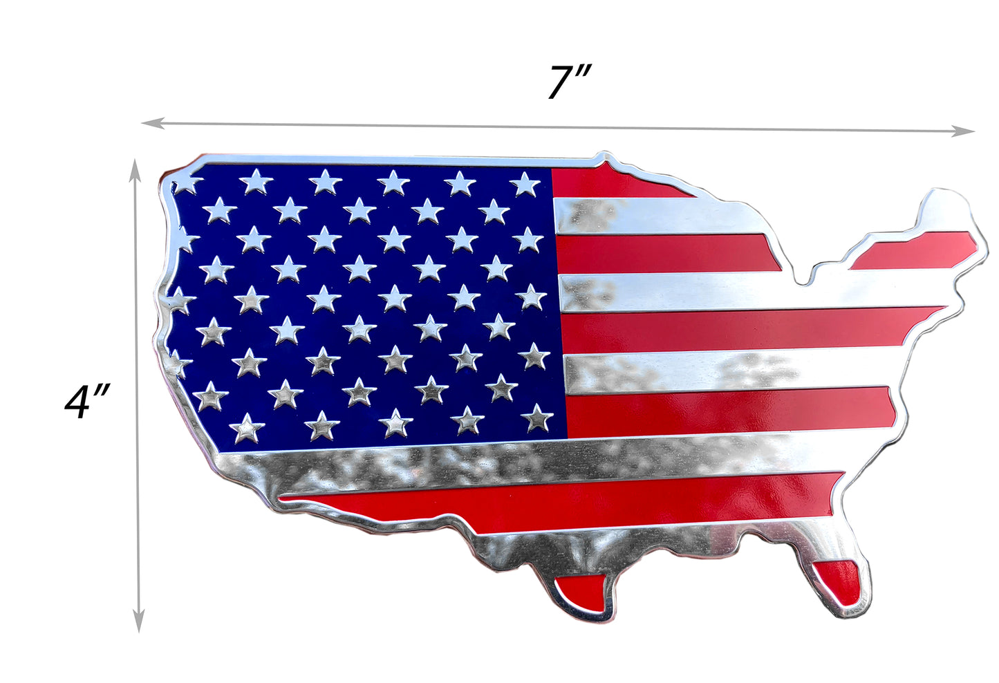 USA Map Color Flag Aluminum Emblem (Chrome Blue Red, 7"x4")