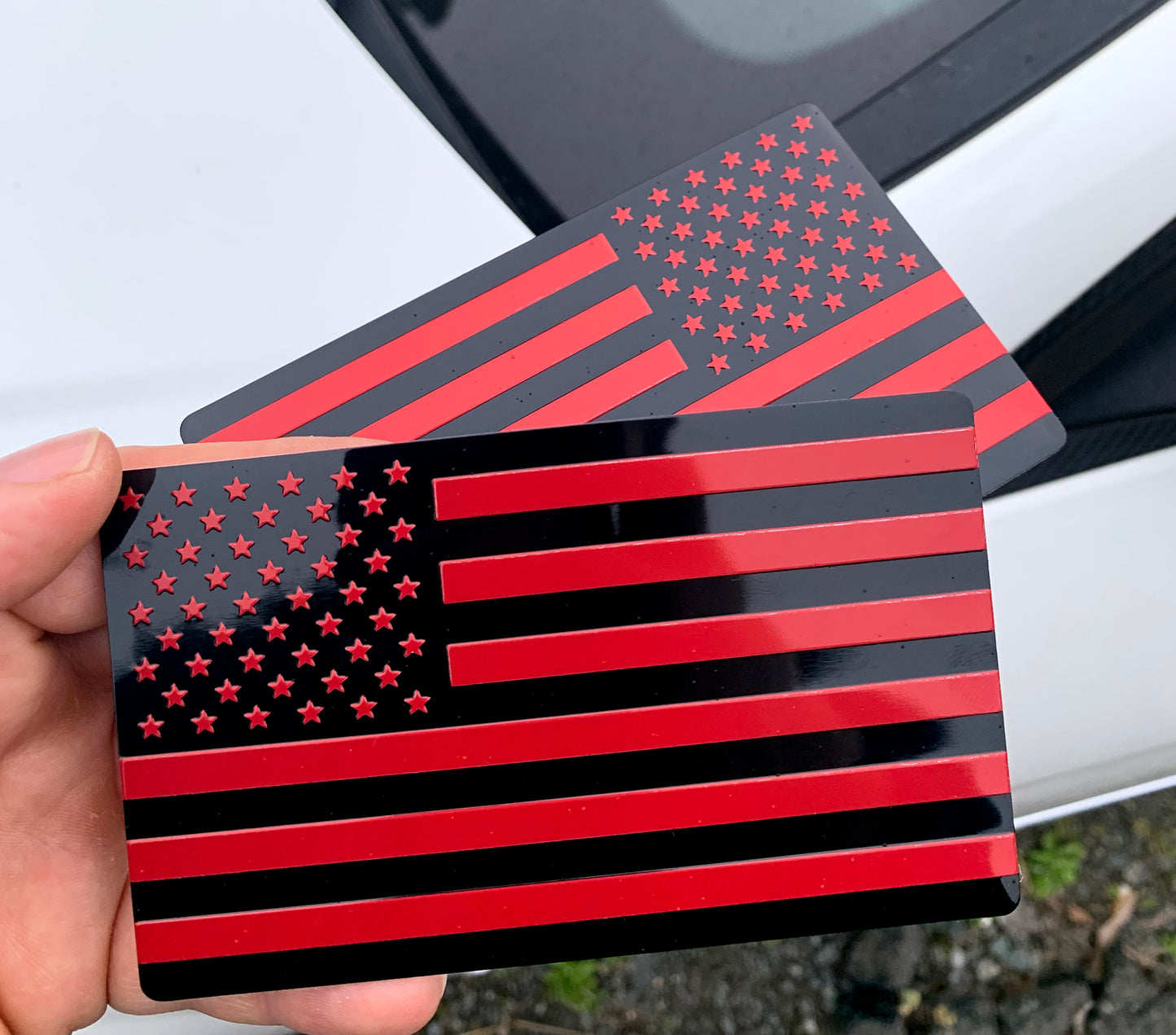 US Black Red Flag Fender Emblem for Cars, Trucks 5"x3" (Pair - Forward & Reverse)