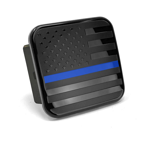 US Black Flag Hitch Cover Plug (Fits 2" Receiver, Black with Thin Blue Line)