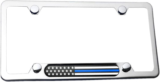 MULL Stainless Steel Chrome License Plate Frame American Flag (Black/Chrome with Thin Blue Line)