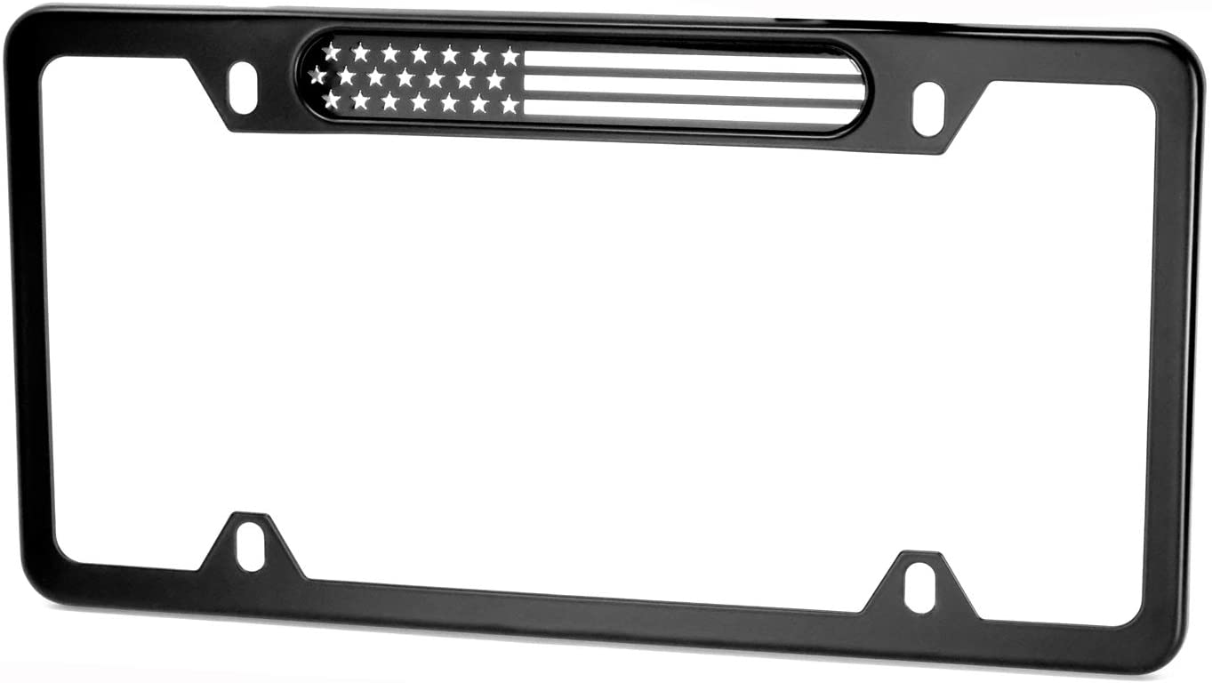 MULL Stainless Steel License Plate Black Frame American (Chrome Flag)