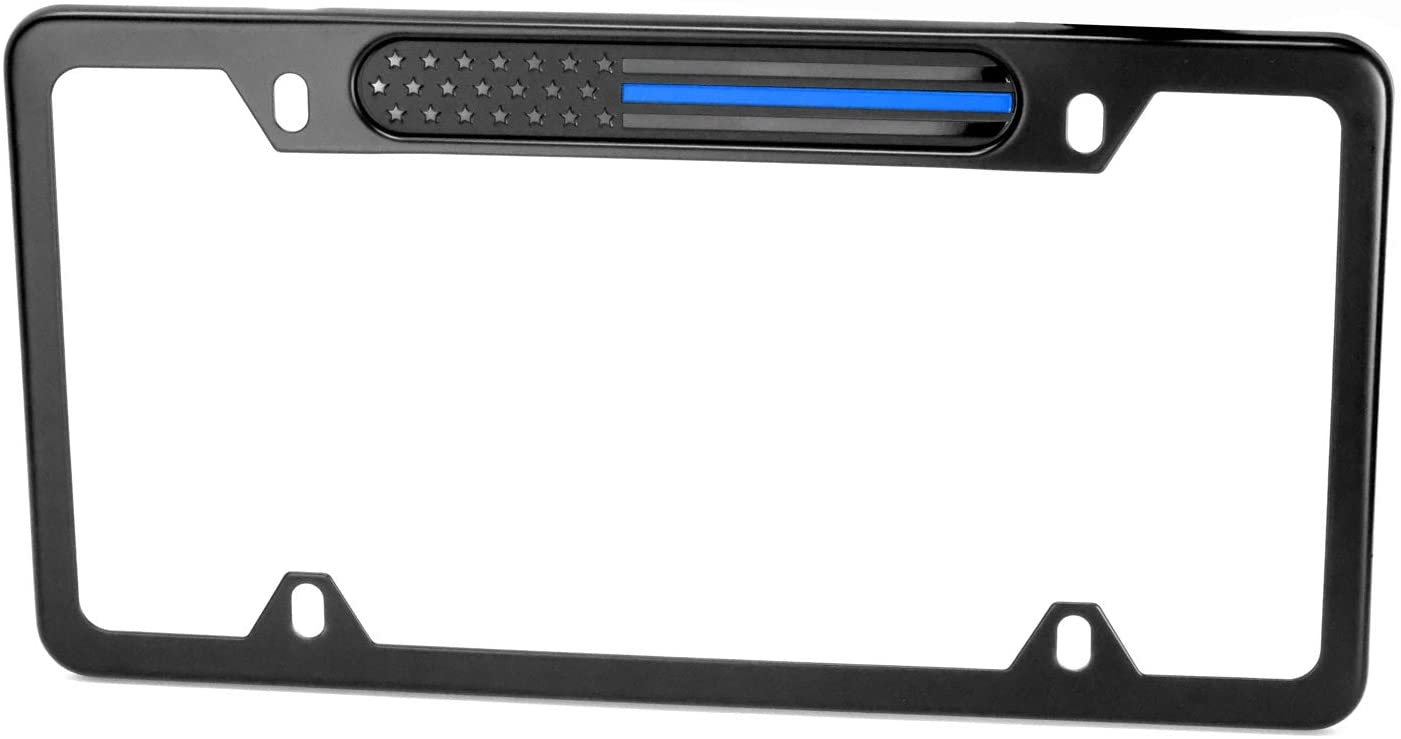 MULL Stainless Steel License Plate Black Frame American (Thin Blue Line Black Flag)