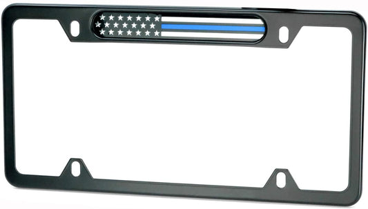 MULL Stainless Steel License Plate Black Frame American (Thin Blue Line Chrome Flag)
